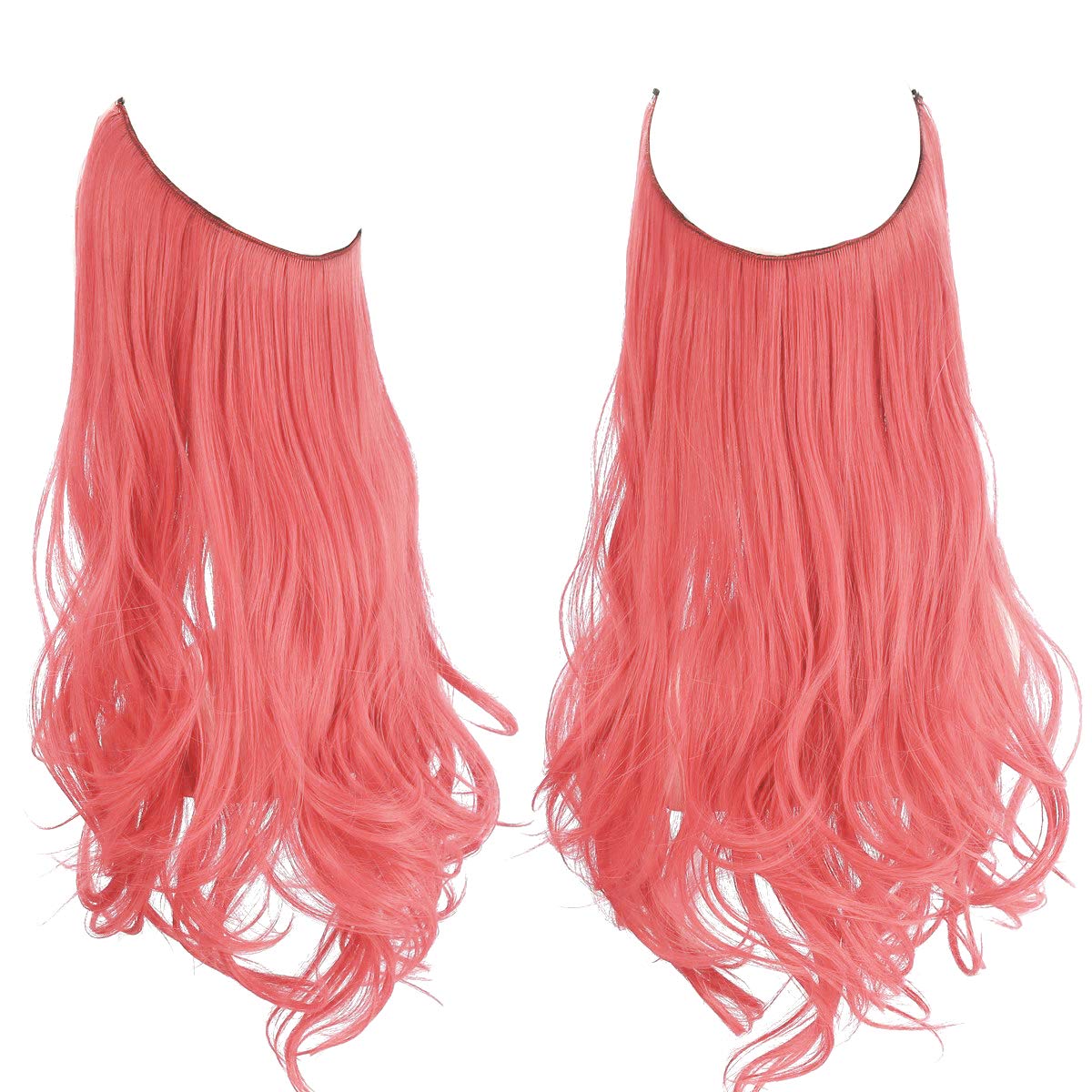 Haloo Pink Colored Hair Extensions Princess Pink Rose Curly Long Synthetic Hairpiece 18 Inch 4.2 Oz Hidden Wire Headband for Women Girl Kid Party Heat Resistant Fiber No Clip (M01&Princess Pink)