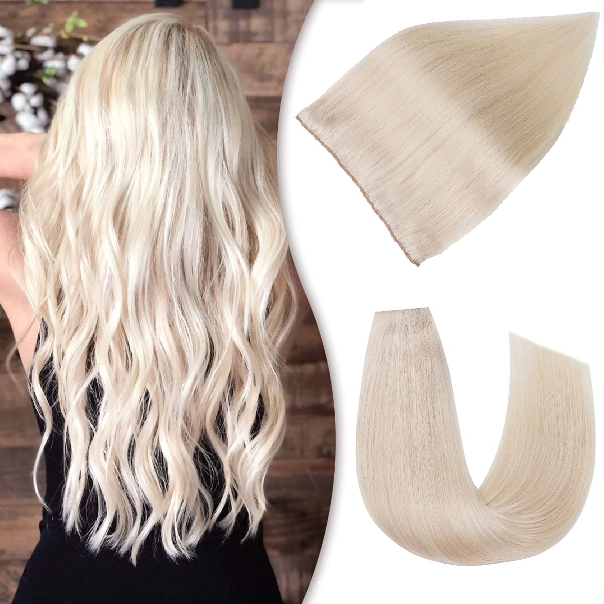 Haloo Human Hair Extensions Haloo Hair Platinum Blonde 16Inch 80g Remy Hairpiece Wire Haloo Hair Extensions with Secrect Fish Line Flip in Straight Invisible Hidden Crown Hair Extensions (#60 16inch)