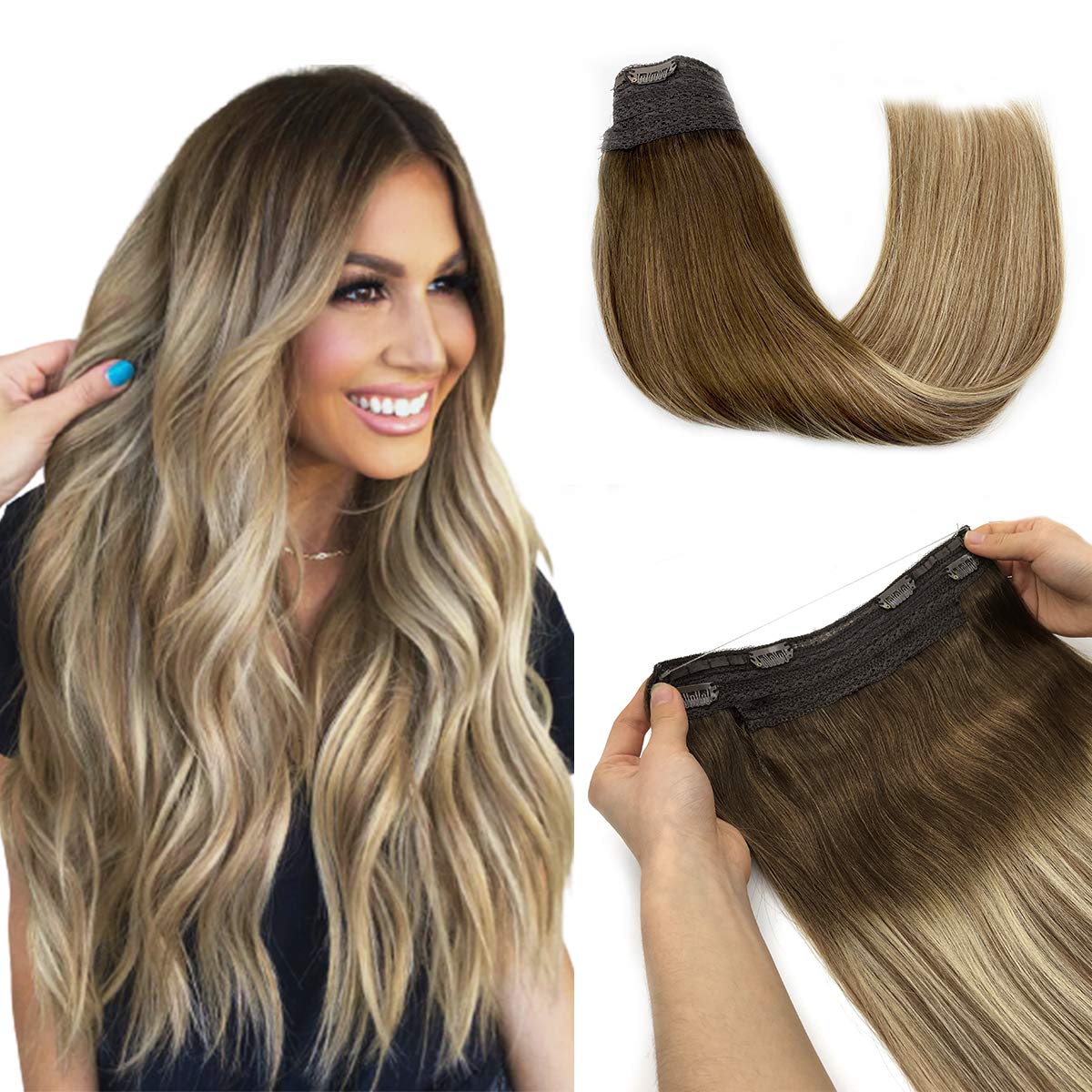 Haloo Hair Extensions, Fish Line Human Hair Extensions, Flip in Remy Hair Extensions, Walnut Brown to Ash Brown and Bleach Blonde Secret Hair Extension, Straight Hidden Wire Hair Extensions, 12 inch